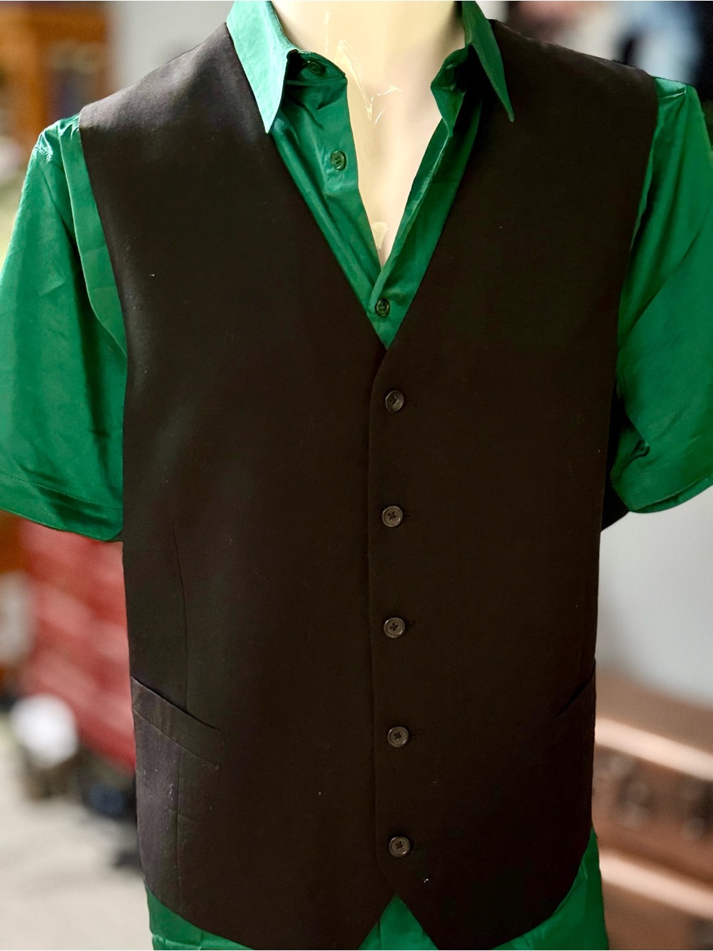 Black Men's Dress Vest with Green Accents. No tag. Pics include width & length